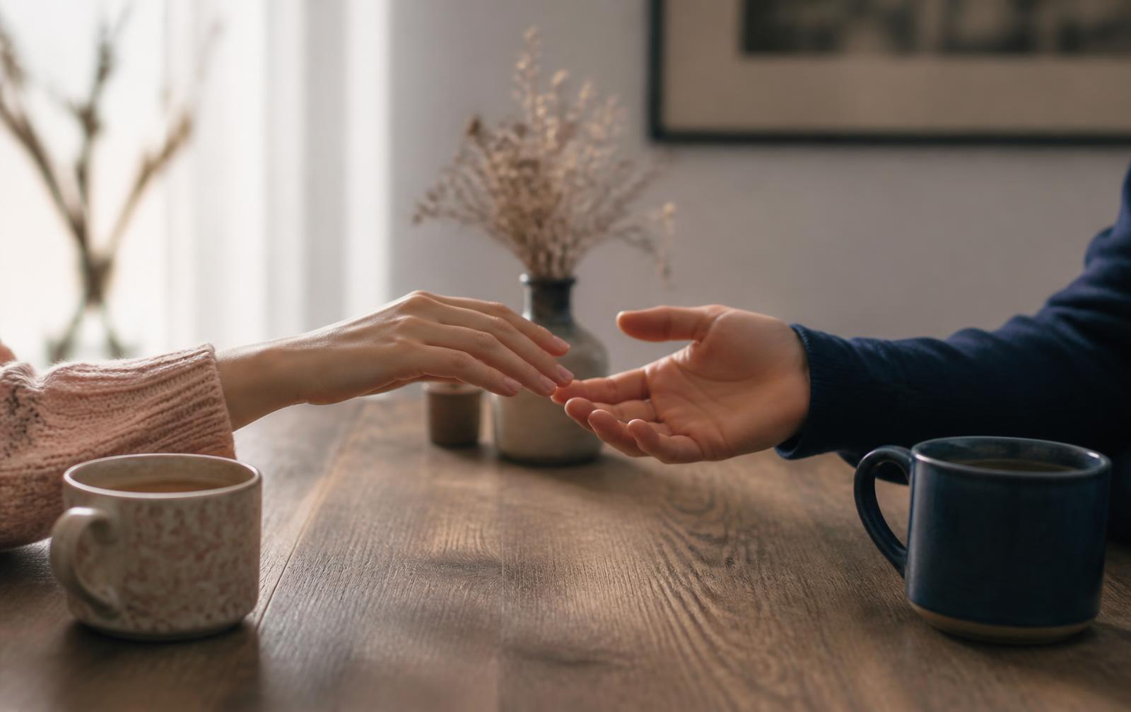 Two hands reaching toward each other across a wooden table with mugs of tea