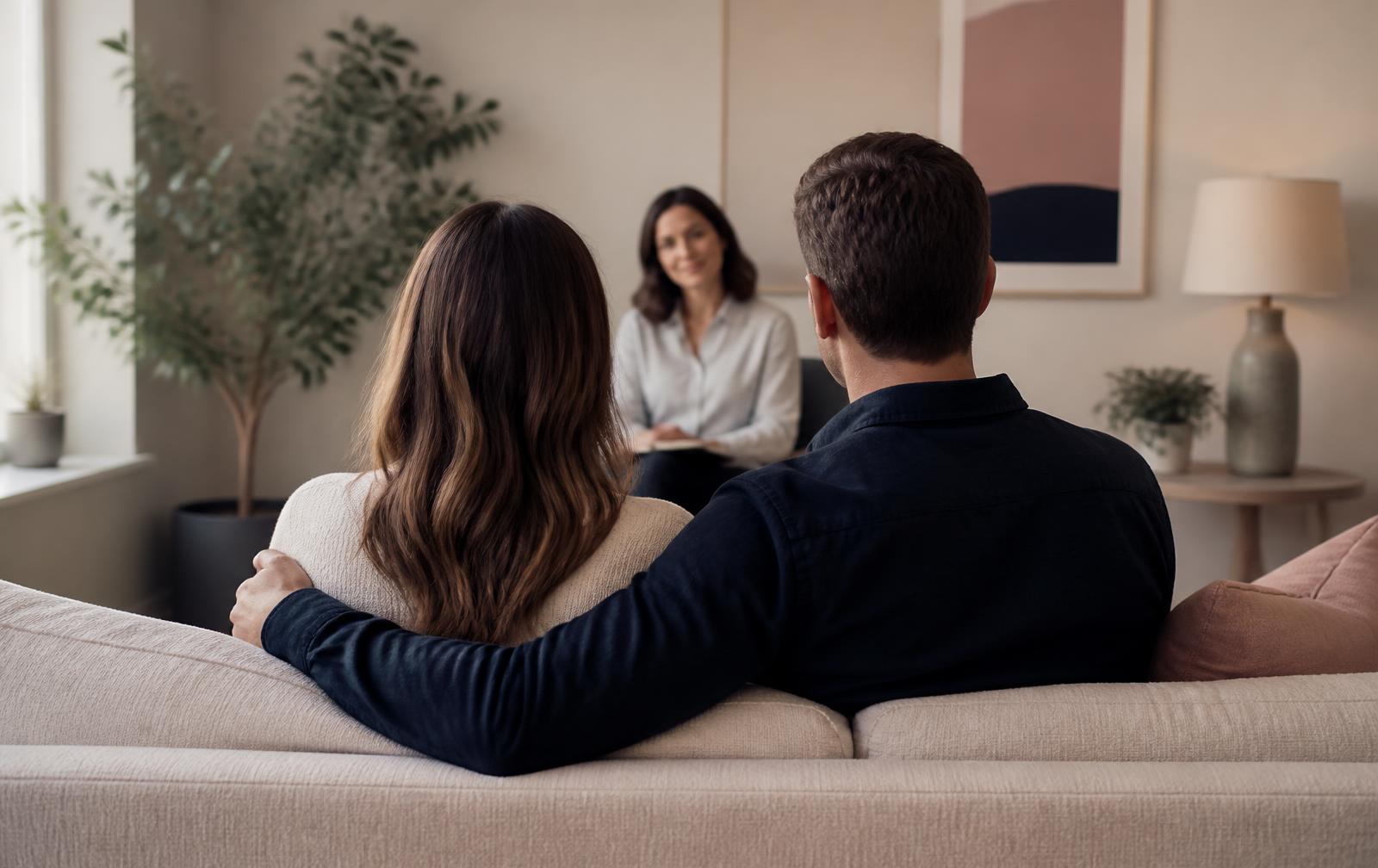 A couple sitting together on a sofa in a calm therapy office