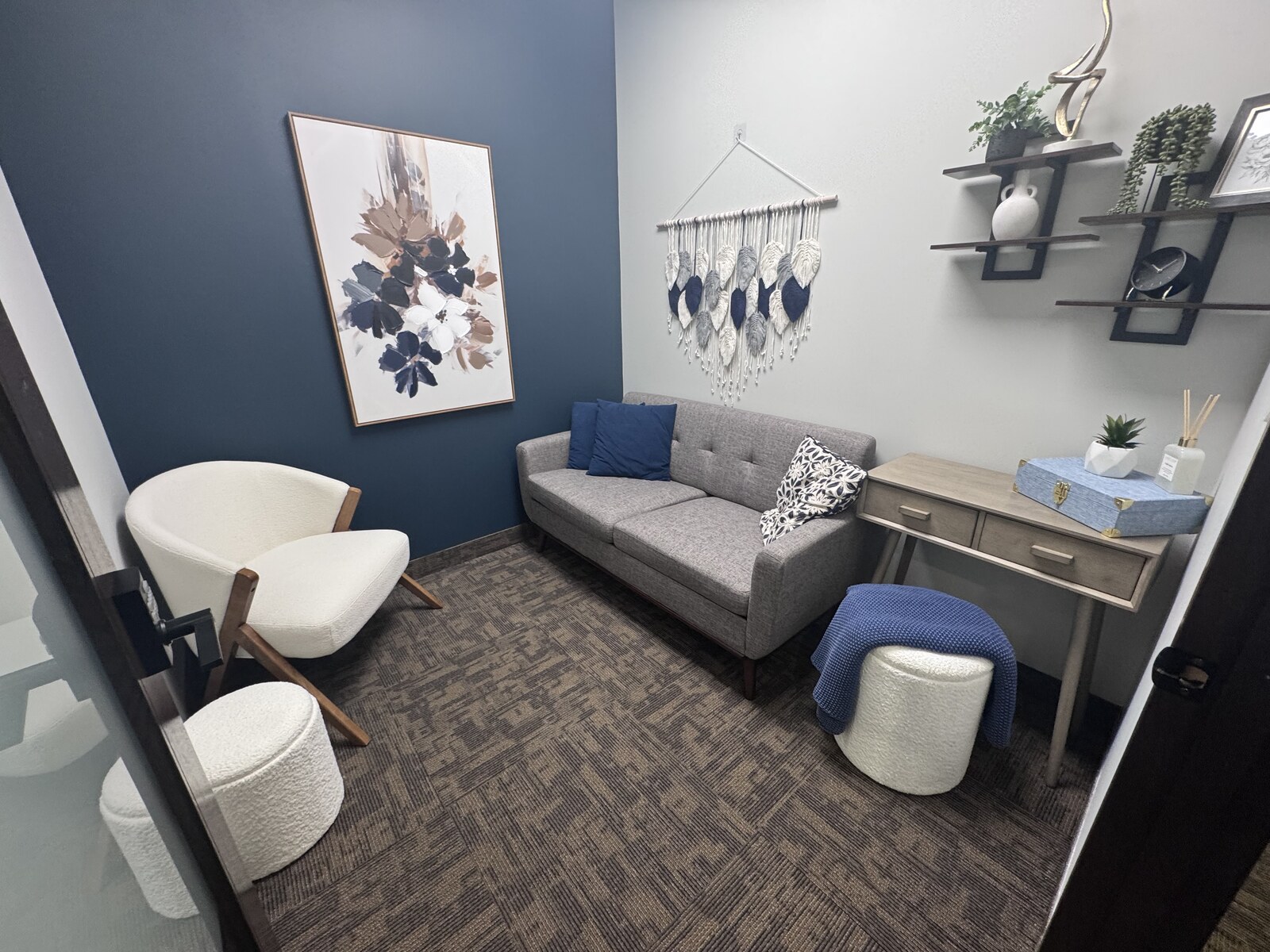 Warm, comfortable couples therapy suite at Shift Happens Clinic in Calgary