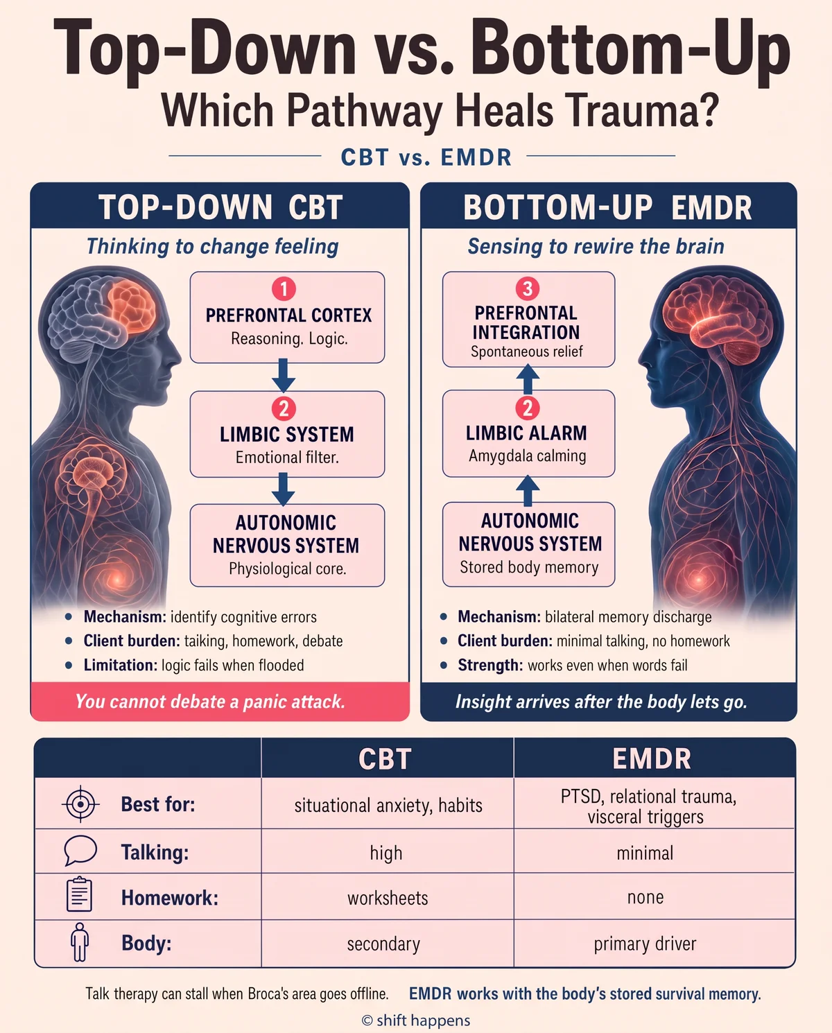Infographic comparing top-down CBT and bottom-up EMDR pathways for healing trauma