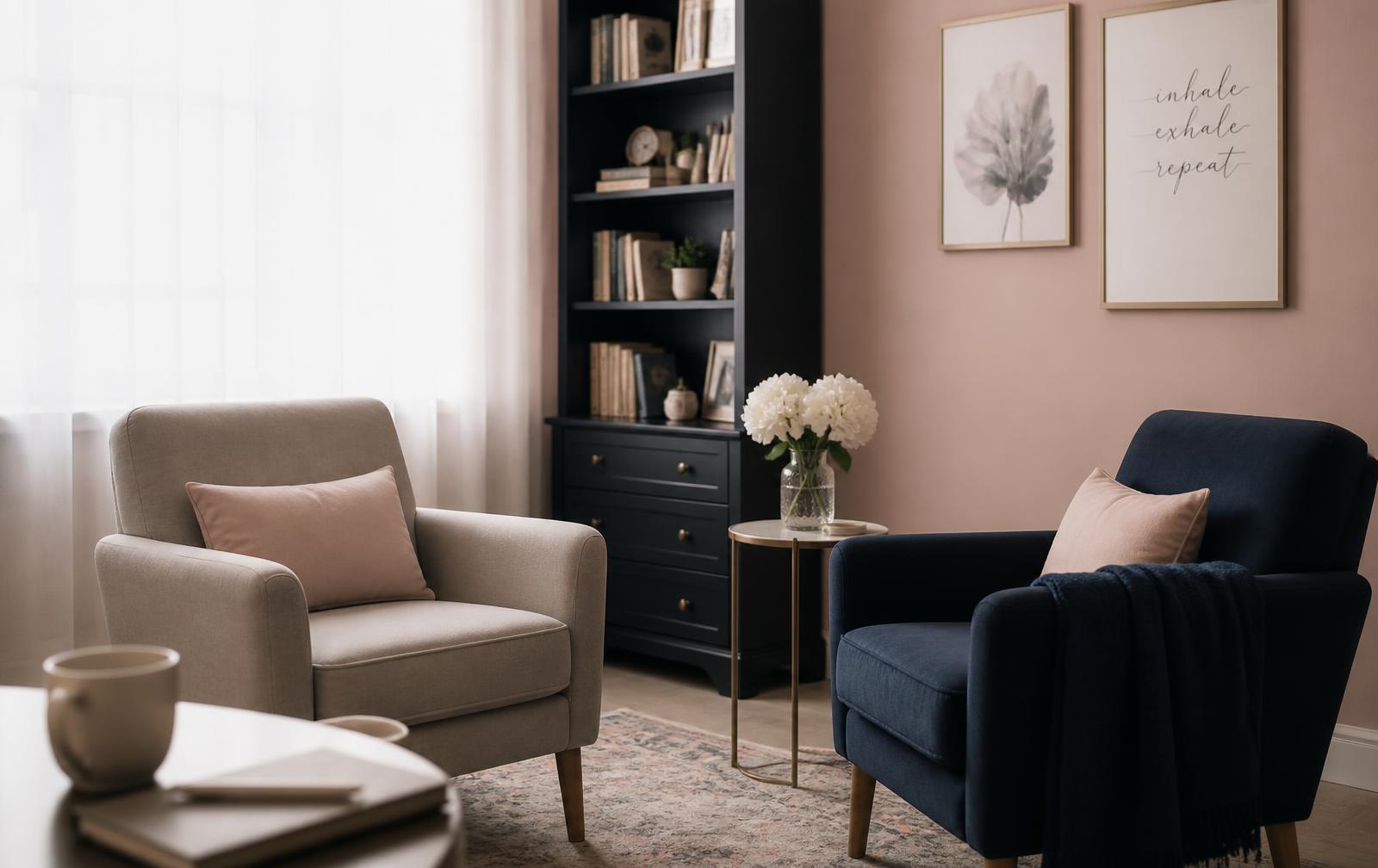 A calm Calgary therapy room with two armchairs and soft daylight
